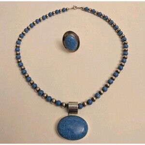 Vtg Denim Lapis Pendant Bead Necklace And Ring VHC Sterling Silver Southwestern